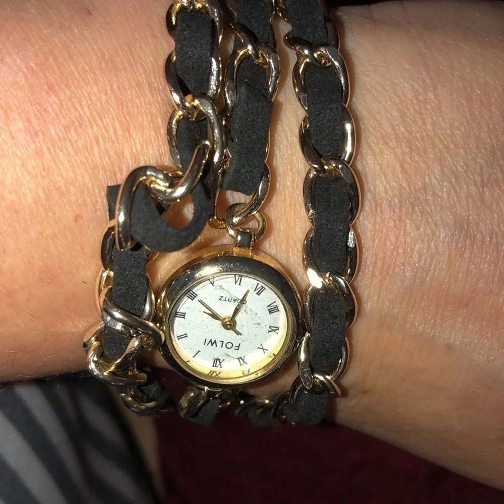 Quartz Black chain Wrap Watch gold and suede w/ lobster clasp